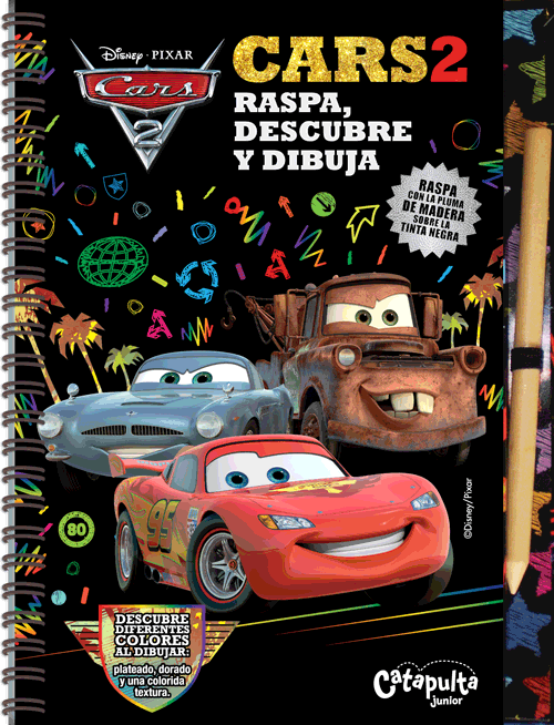 Descubre diferentes texturas al raspar sobre la tinta negra. Vive la emoción de las carreras, infiltrate en el mundo del espionaje internacional y conoce a los divertidos personajes de Cars 2, mientras te diviertes dibujando y descubriendo el remolino de colores que hay debajo de la tinta negra. Usa la pluma de madera que se incluye en este libro para raspar la cubierta negra de las hojas. Deja salir el mundo de magia y color que hay en su interior.